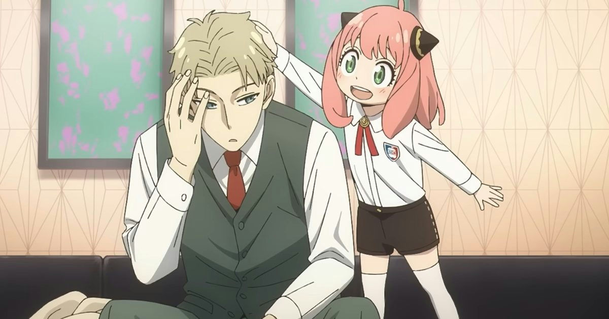 people-Loid Forger-A-looking stressed-A-Anya Forger-A-patting head-A-pink hair-B-white shirt-B-dark vest-C-school uniform