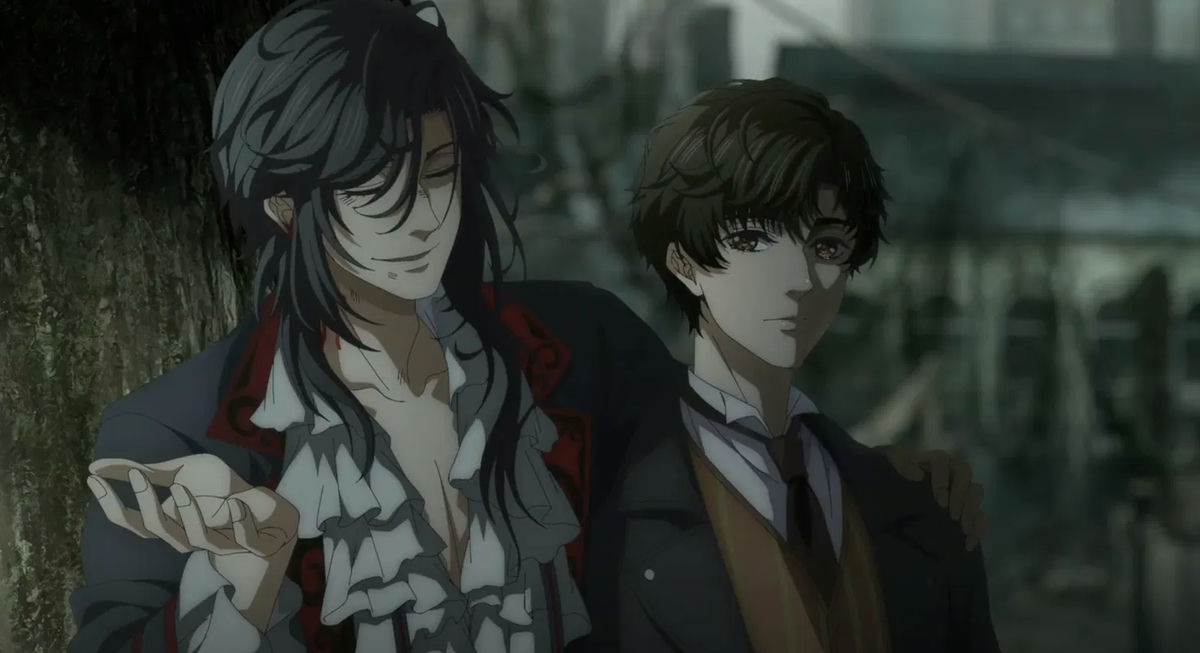 people-two anime men-A-dark hair-A-Victorian era clothing-A-intimate pose