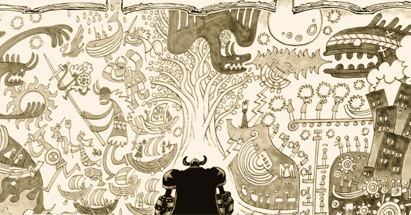 people-Viking warriors fighting monsters and sailing ships-A-Yggdrasil or World Tree in the center-B-mythological creatures like dragons and a whale-C-figures building a modern-looking city with gears and towers