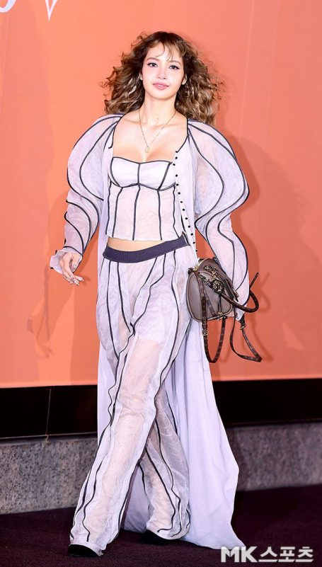 people-Lisa from BLACKPINK-curly brown hair-sheer white outfit with black piping-corset top-wide-leg sheer pants-long flowing sheer outer garment-gray handbag-gold necklace