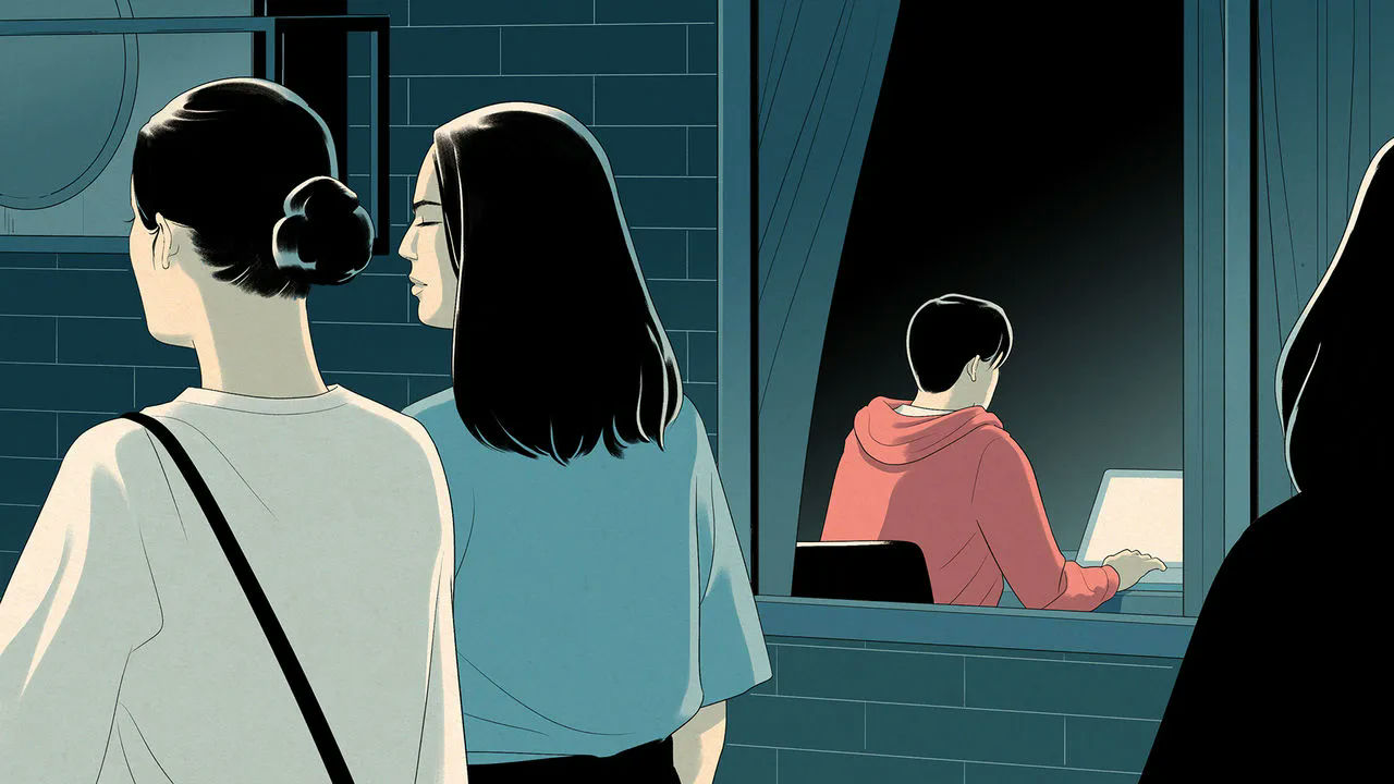 people-two women facing away-window-person on laptop-darkness