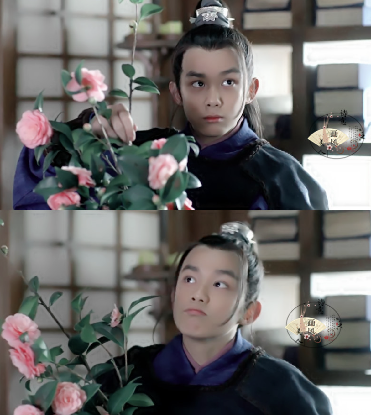 people-Young boy-A-holding flowers-A-pink camellias-B-dark traditional clothing-C-indoor setting