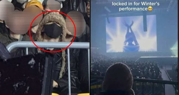 people-one person wearing a fuzzy hat and black face mask-A-concert audience-A-large venue-B-video screen showing a performer-C