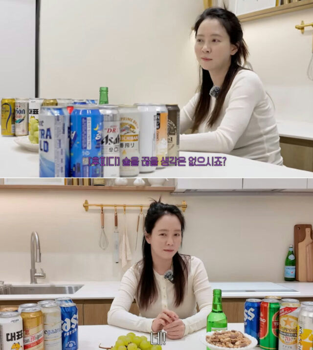 people-woman-A-kitchen-A-soju-A-beer-cans-A-grapes