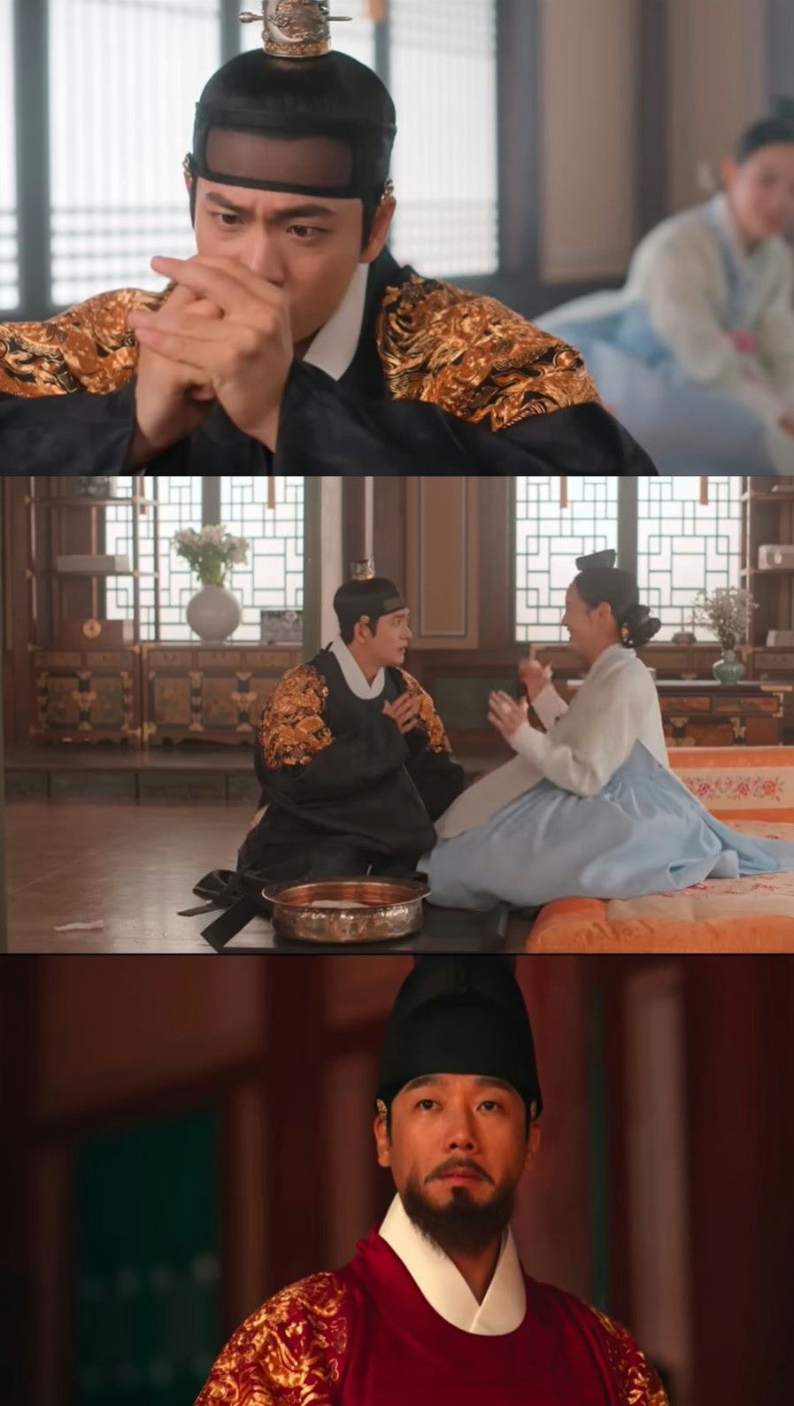 people-man in traditional black and gold robe kneeling-woman in light blue and white traditional dress kneeling-man in red and gold traditional robe standing-scene-courtly interaction-dramatic moment