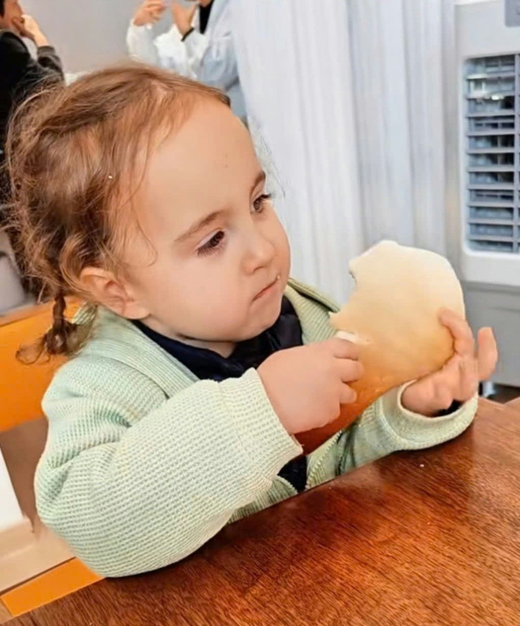 people-A-toddler-A-holding food-B-indoor setting-C-wooden table