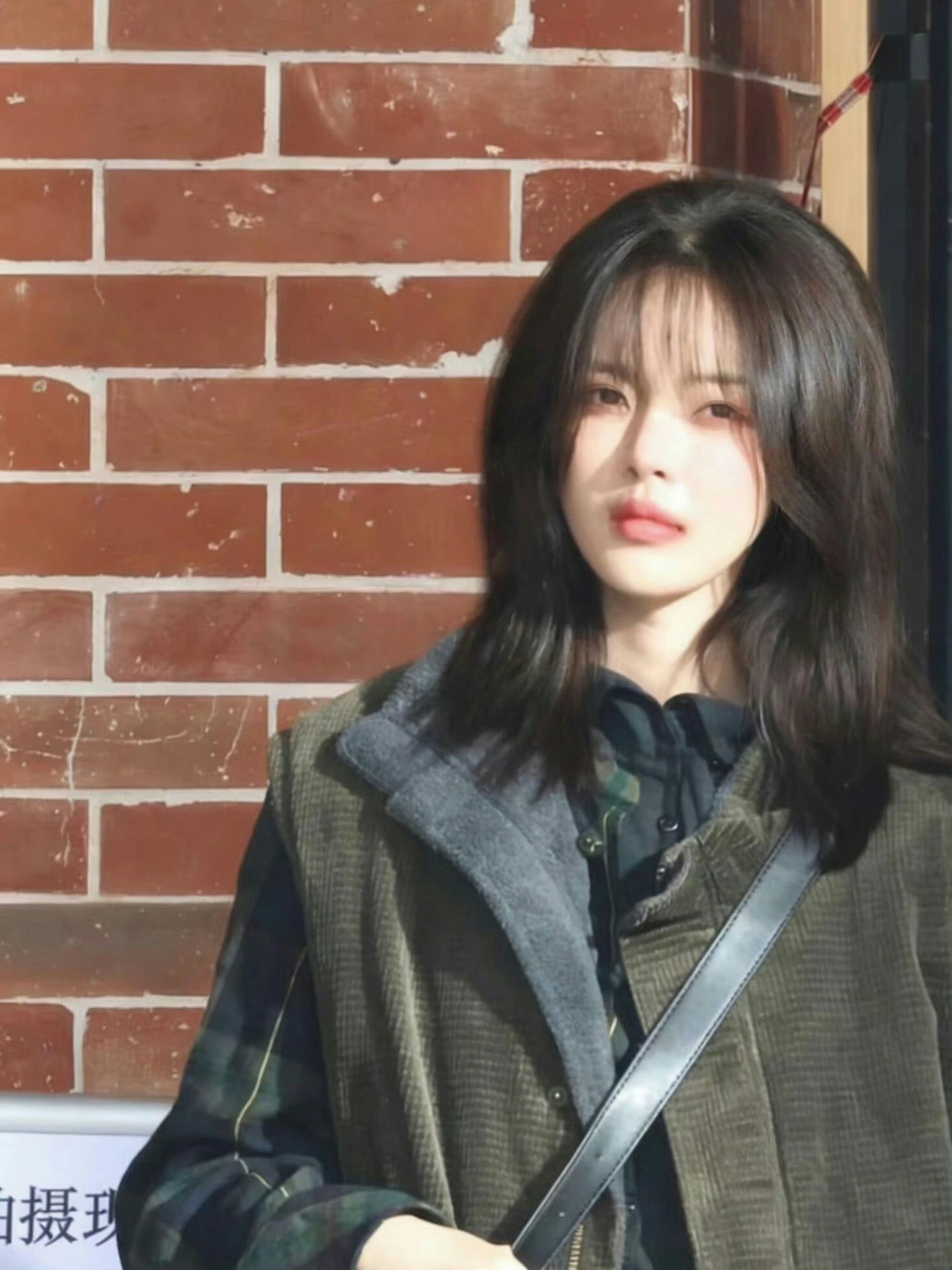 people-1-woman-A-outdoor-A-brick wall background-A-dark hair-A-corduroy vest-A-plaid shirt