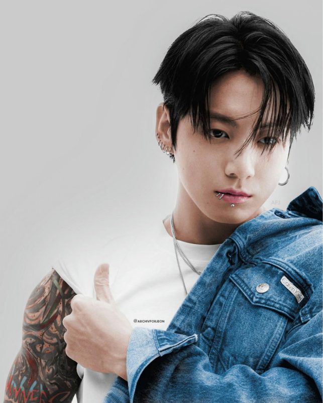 people-Jungkook (BTS)-A-piercings-A-lip piercing-B-tattoos-B-denim jacket-C-thumbs up