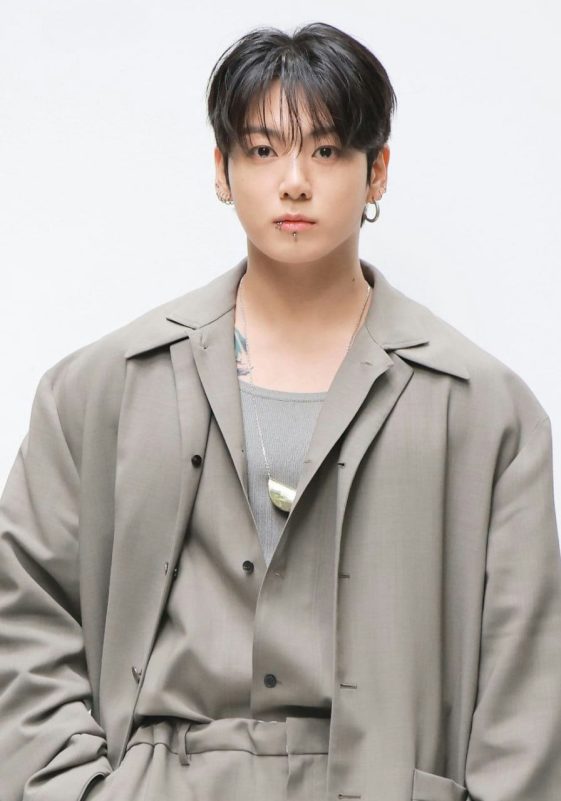 people-Jungkook of BTS-A-fashion-A-grey suit-B-lip piercing-C-earrings