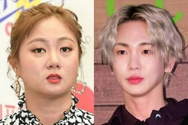 people-female comedian on left-A-Key-A-male K-pop idol on right-B-split screen photo-C