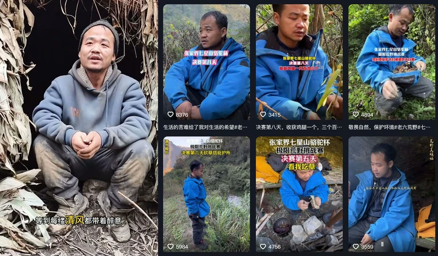 people-man in blue hoodie and beanie sitting in a makeshift shelter-man in blue jacket outdoors-man in blue jacket holding food-man in blue jacket squatting outdoors-man in blue jacket crouching near a small fire-man in blue jacket in a cave-like setting