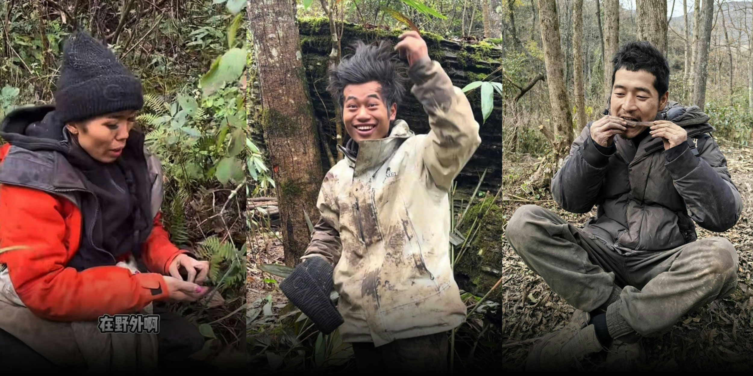 people-woman in red and black jacket and black beanie-man with messy hair in light-colored jacket-man sitting and eating dark food-survival or outdoor setting