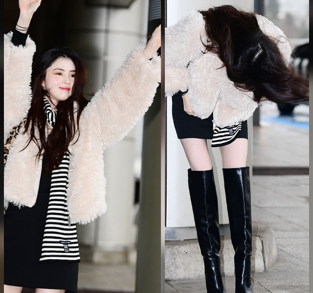people-woman-A-fluffy coat-B-black mini dress-C-striped scarf-D-knee-high boots