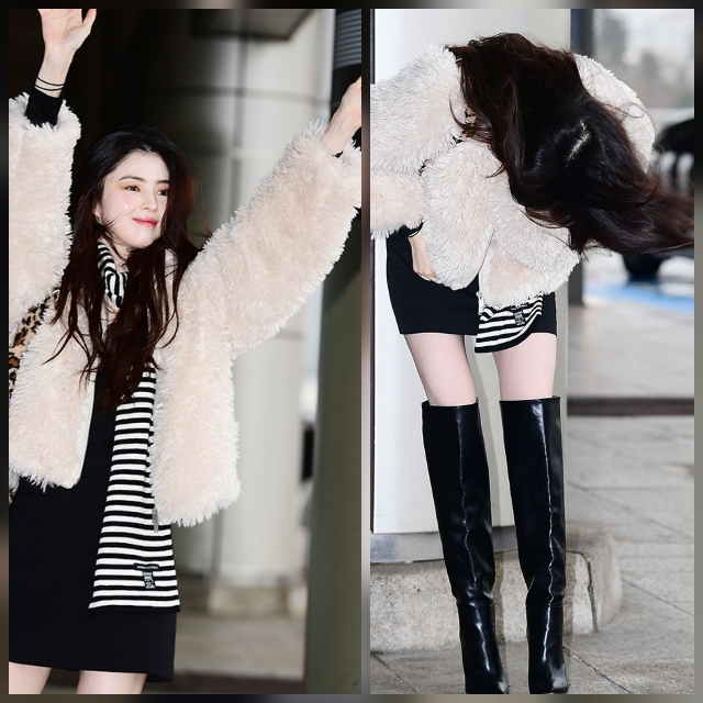 people-woman-A-fluffy coat-B-black mini dress-C-striped scarf-D-knee-high boots