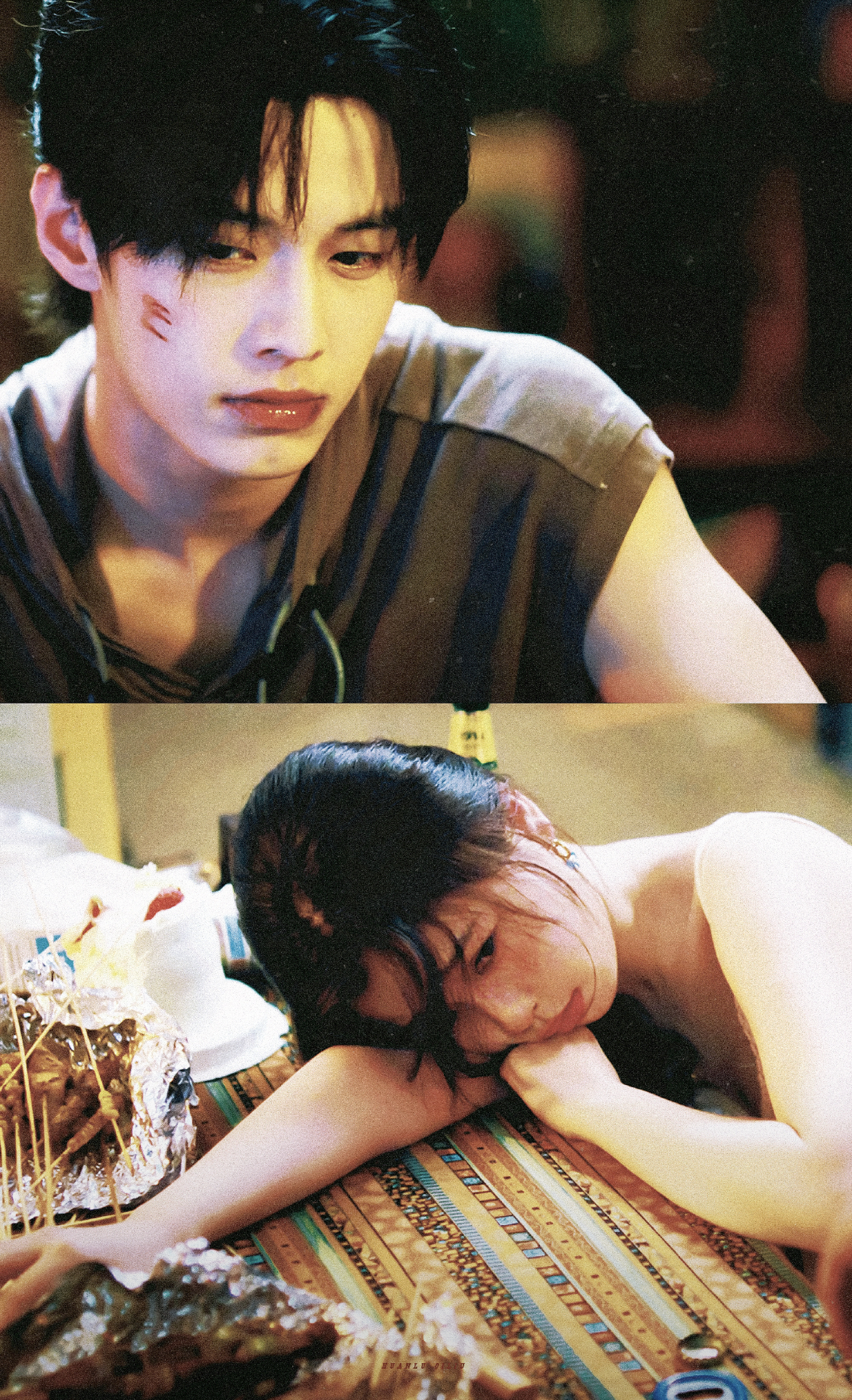 people-A-man with facial wounds-B-woman resting head on arms-C-moody indoor lighting