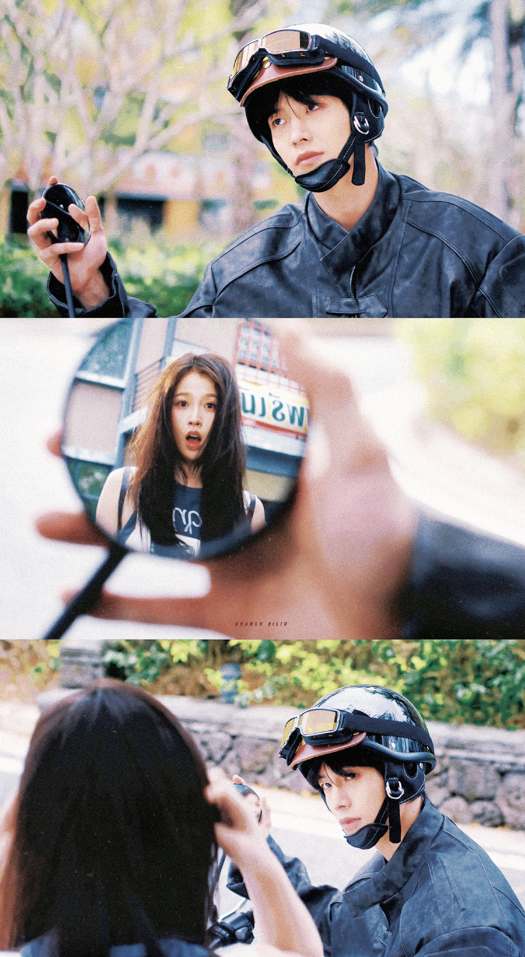 people-male-wearing-helmet-and-leather-jacket-A-female-looking-surprised-in-a-mirror-A-male-looking-at-female-from-behind-her-shoulder