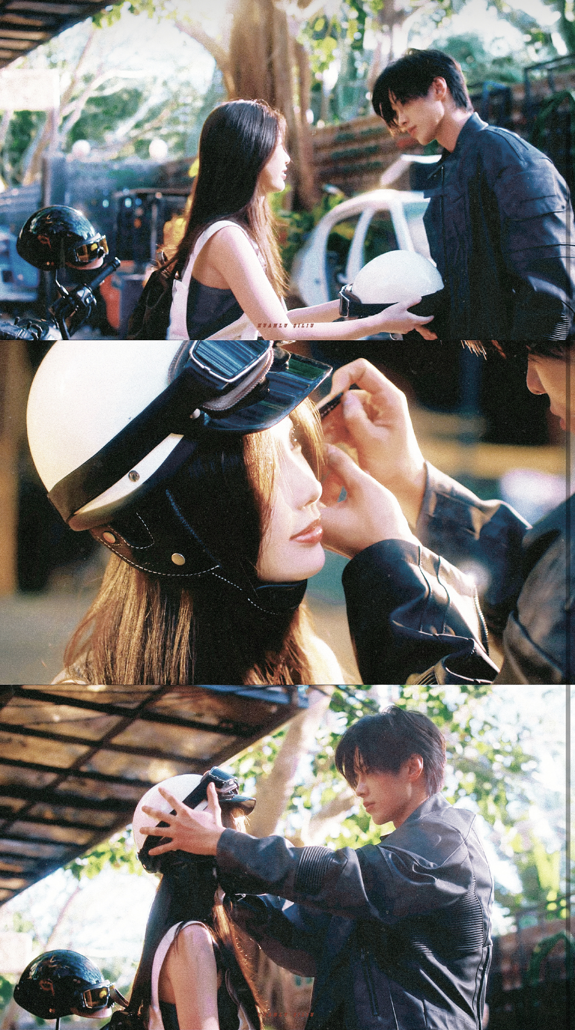 people-A-man-A-woman-A-motorcycle-helmet-B-helping-B-caring-B-outdoors-C-film-grain-C-romantic-gesture