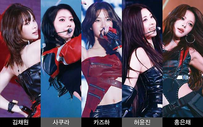 people-Kim Chaewon-black leather outfit-Sakura-red and black outfit-Kazuha-red leather top-Huh Yunjin-long dark hair and black outfit-Hong Eunchae-dark hair and black outfit