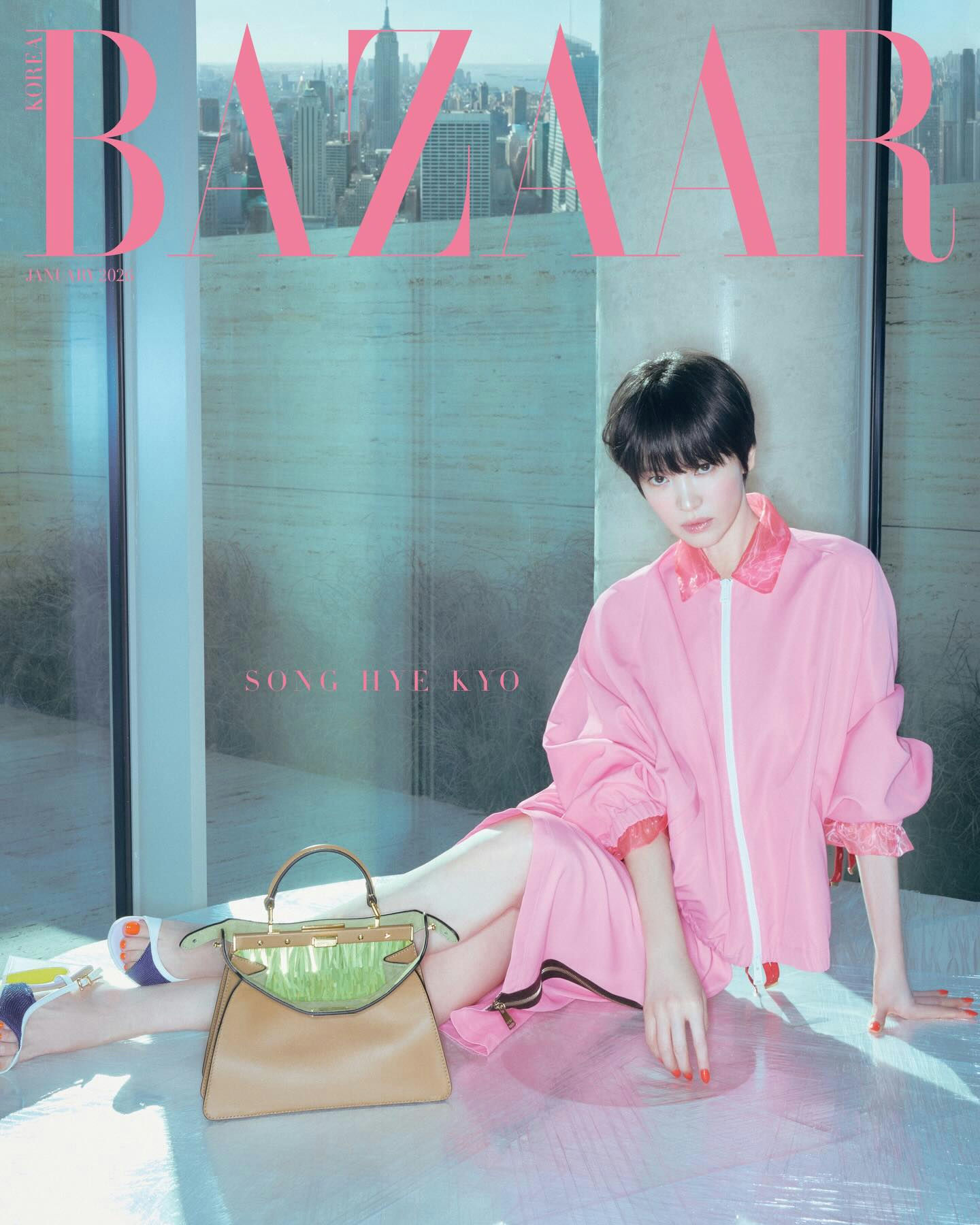 people-Song Hye Kyo-A-magazine cover-A-pink outfit-B-short black hair-C-handbag