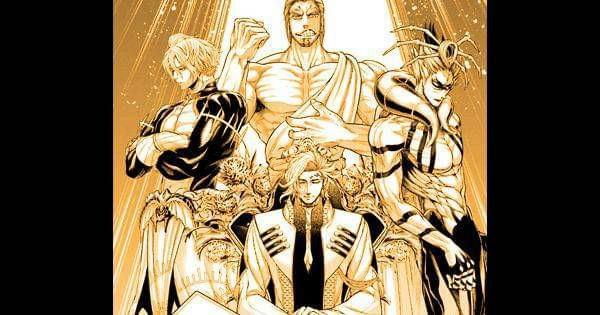 people-Four Gods-A-seated figure-A-muscular man-A-figure with horns/tentacles