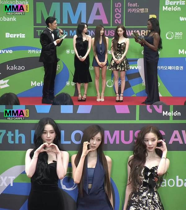 people-Four women and one man on a green and purple backdrop-A-Red Carpet-A-K-Pop Group-A-Awards Show-A-Interview-B-Three women posing-B-Heart gesture-C-One woman posing-C-Black dress-D-Blue outfit-E-Floral dress