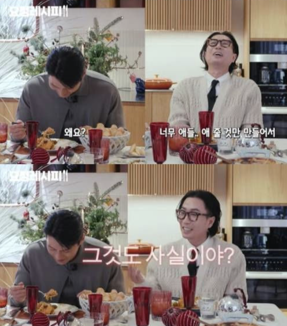 people-two men-A-eating meal-A-dining table-A-conversation-B-wearing glasses-B-in a kitchen setting