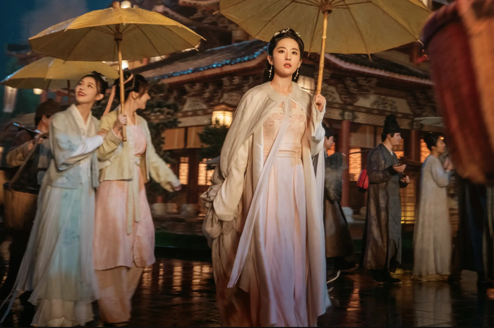 people-4-women-A-traditional-Chinese-clothing-A-holding-umbrellas-B-rainy-night-C-outdoor-setting
