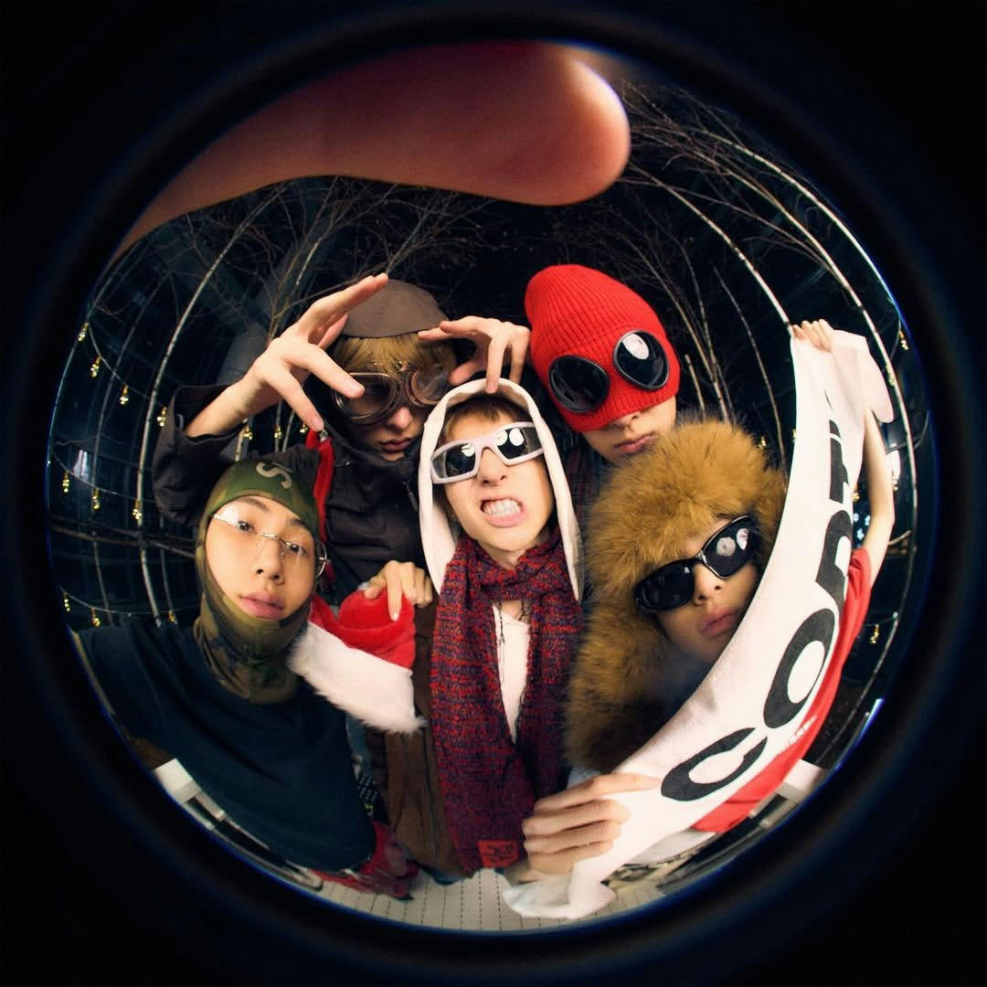 people-Five young individuals-A-Fish-eye lens-A-Winter/goggles accessories-B-Dark outdoor setting with lights-C-Group portrait with expressive poses