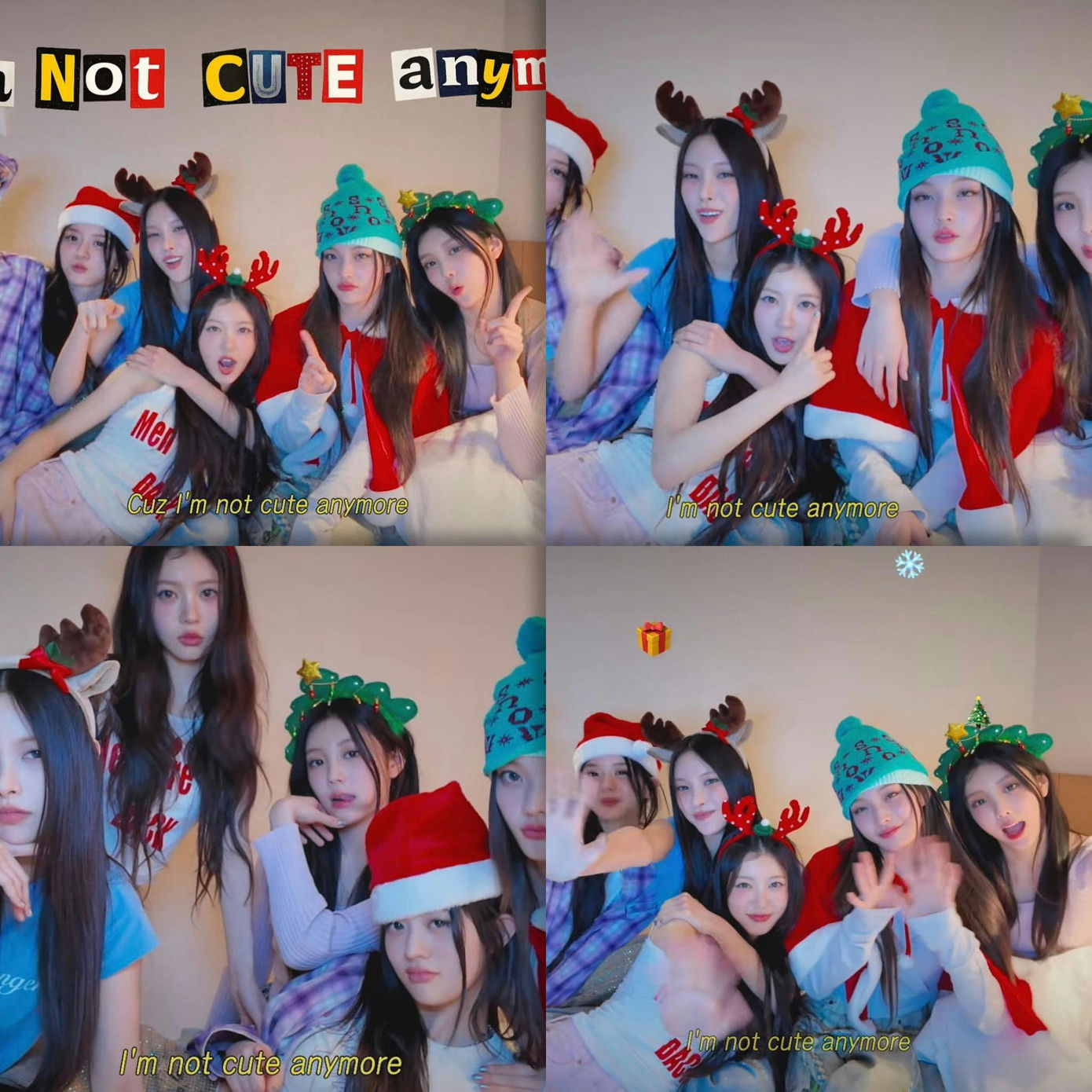 people-5 young women-A-Christmas theme-A-festive hats-A-casual setting-B-collage format-B-subtitles-C-girl group-C-reindeer antlers