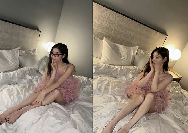people-1-woman-A-pink dress-B-glasses-C-bed