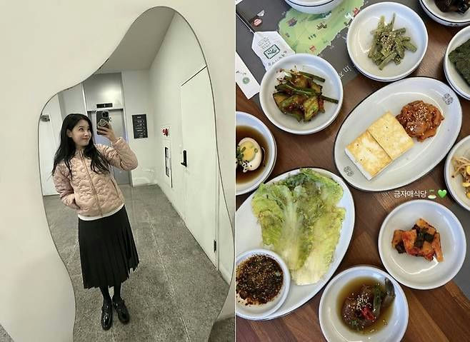 people-Woman taking a mirror selfie-A-casual outfit-A-Korean side dishes (banchan)-B-small Korean meal spread-C-curly mirror
