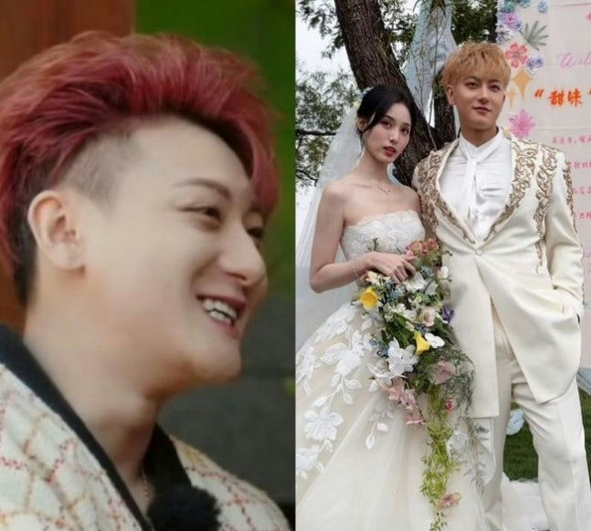 people-man with red hair smiling close-up-man and woman in wedding attire posing outdoors-woman in strapless white wedding dress holding cascading bouquet