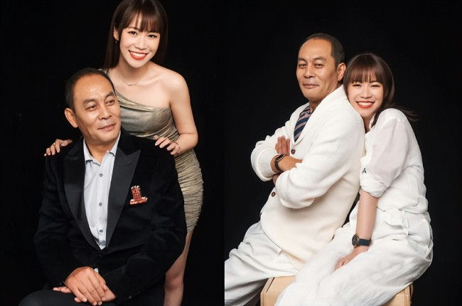 people-Man in black suit and woman in gold dress-formal-Man in white cardigan and woman in white shirt-casual-Two separate poses of the same two people