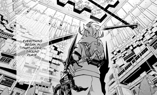 manga panel-A-character with light hair-A-holding a large weapon-A-standing amidst distorted cityscape-A-text bubble reading