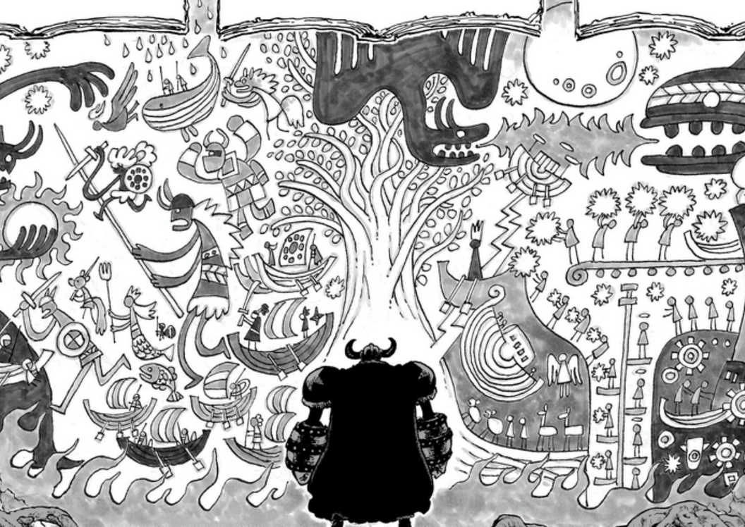 people-Viking warriors and figures-A-Norse mythology influence-B-Yggdrasil or a world tree motif-C-scenes of raiding, sailing, and possibly ritualistic activity