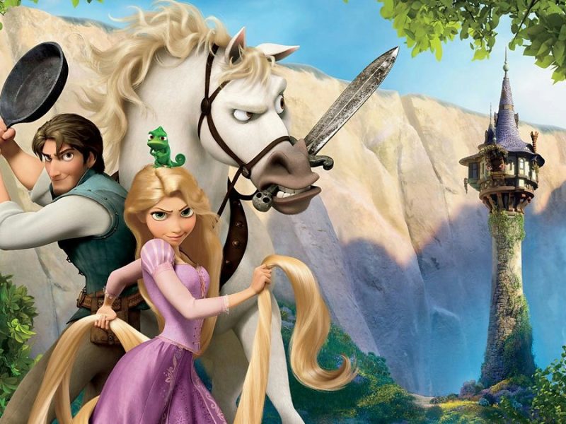 people-Rapunzel-Flynn Rider-Maximus (horse)-Pascal (chameleon)-Tangled-frying pan-long blonde hair-tower