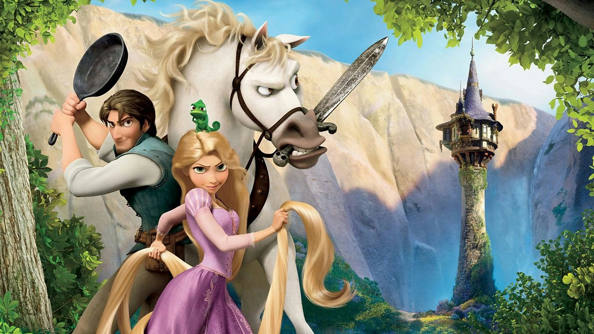 people-Rapunzel-Flynn Rider-Maximus (horse)-Pascal (chameleon)-Tangled-frying pan-long blonde hair-tower