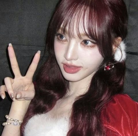 people-Korean-idol-A-Christmas-outfit-A-peace-sign-A-burgundy-hair