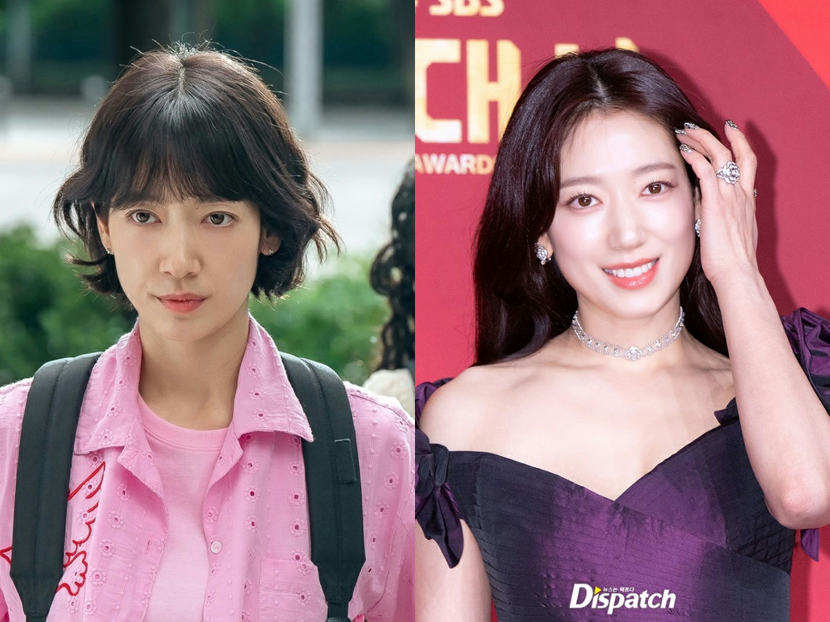people-Park Shin-hye-A-split image-A-casual look vs glamorous look-B-short dark hair vs long dark hair-C-pink shirt vs purple dress