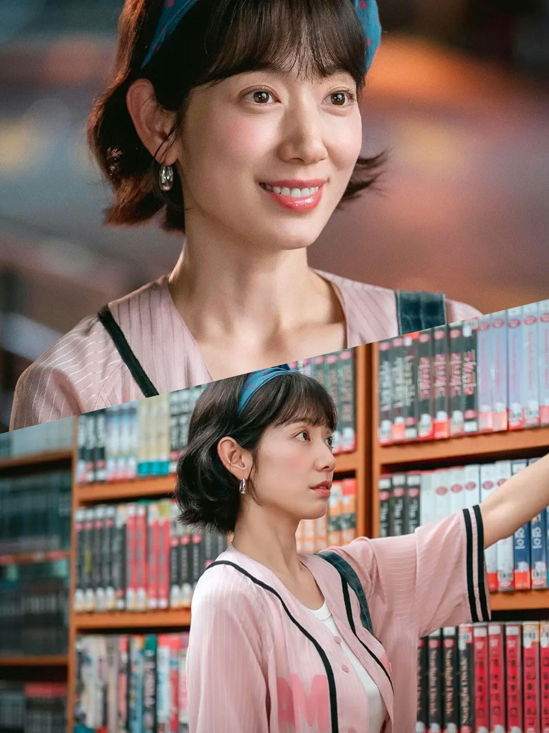 people-Park Shin-hye-smiling-A-library-A-short hair-A-pink baseball jersey-B-blue headband-C