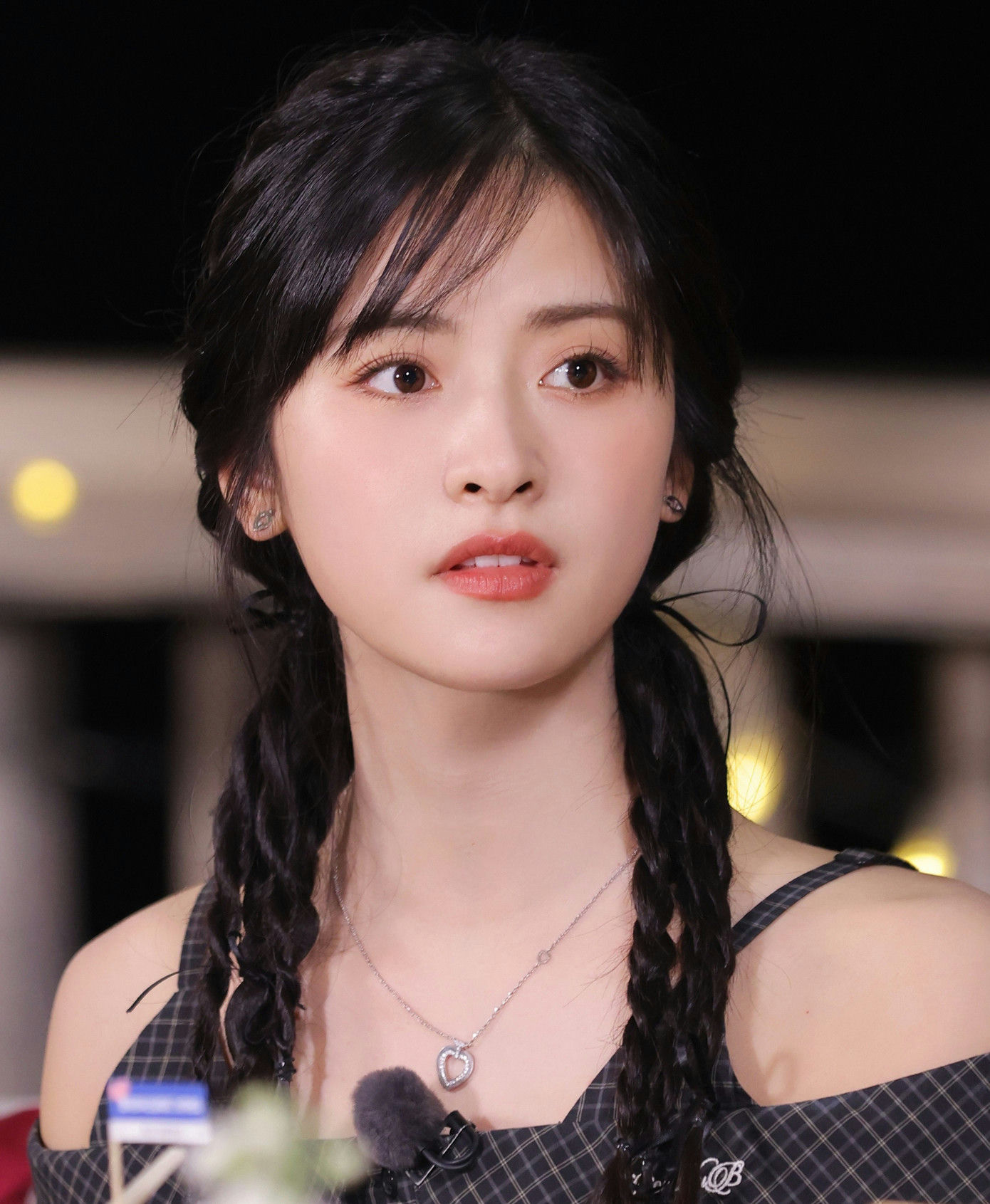 people-Ju Jingyi-braided pigtails-silver heart necklace-off-the-shoulder plaid top
