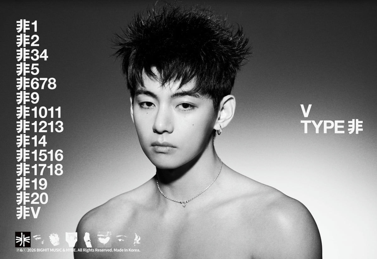 people-V (Kim Taehyung)-black and white portrait-A-spiky hair-B-shirtless-C-Chinese characters (non/fei)-D-jewelry (necklace and earrings)