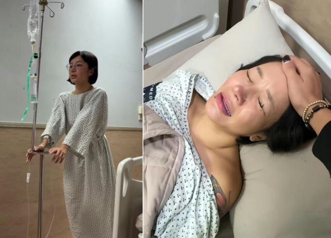 people-Jessi (rapper)-A-hospital gown-A-intravenous drip-B-crying-B-comforting hand