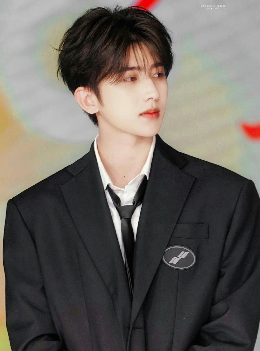 people-Cai Xukun-suit-black-white shirt-loosened tie-patch on lapel