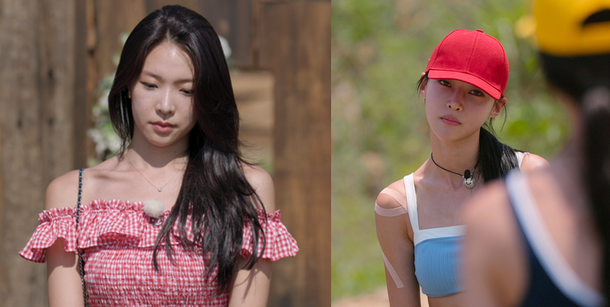 people-Seo Yi-sool-Netflix's Physical: 100-red gingham off-shoulder top-red baseball cap-blue and white sports bra