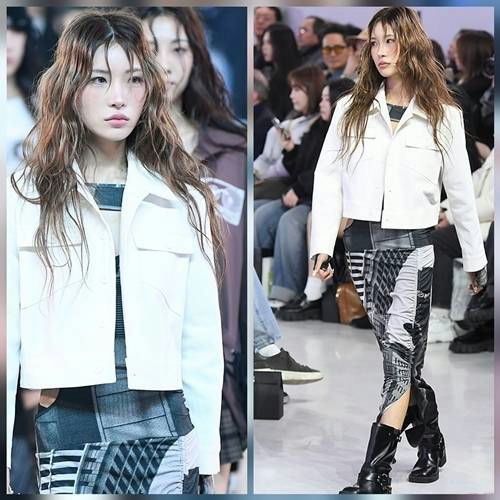 people-Model-A-Fashion Show-A-White Cropped Jacket-B-Patterned Skirt/Leggings-C-Long Wavy Hair