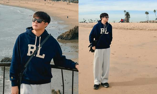 people-Park Seo-joon-beach-A-navy hoodie-B-light grey sweatpants-C-sunglasses