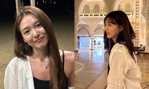 people-Korean actress Han So Hee-split image-left outdoor night portrait-right indoor architectural profile-long brown hair-white sheer cardigan