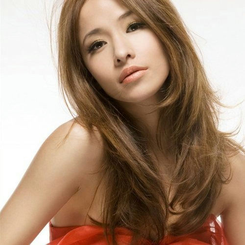 people-Mika Nakashima-Asian woman-long brown hair-strapless red dress-gold eyeshadow