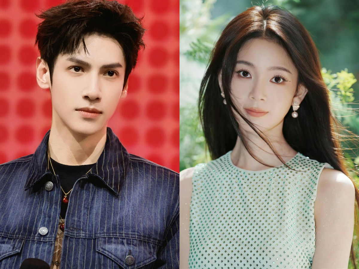 people-Male Actor Wang Hedi-A-Denim Jacket-A-Red Background-B-Female Actor Bai Lu-B-Green Dress-C-Outdoor Setting